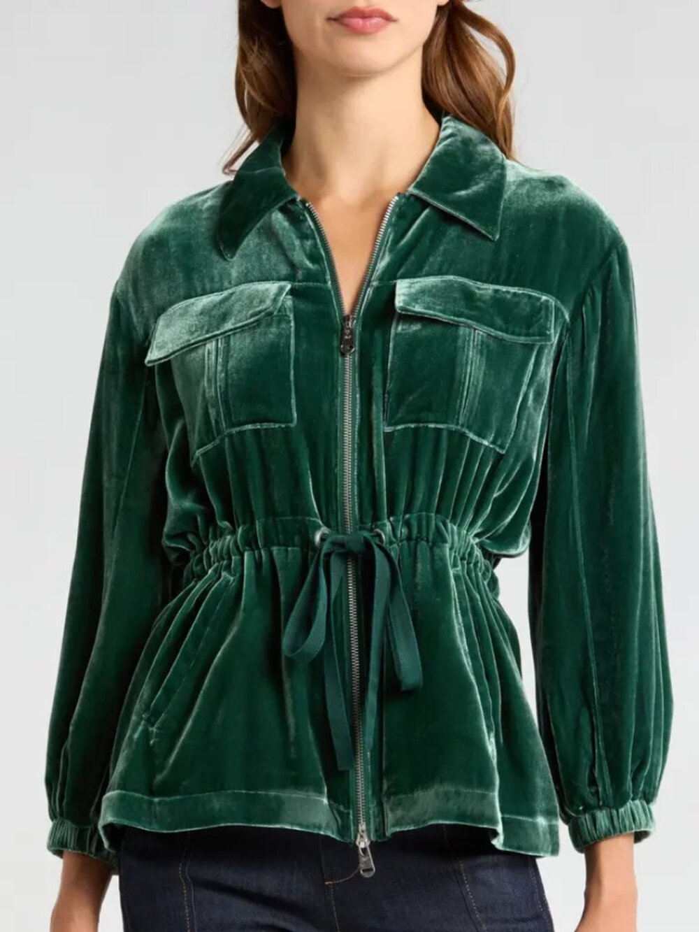 Cinq à Sept 'Liv' Velvet Drawstring Waist Peplum Jacket, Dark Emerald